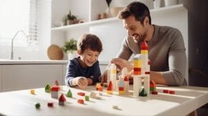 Father and young son building with colorful wooden blocks at kitchen table.