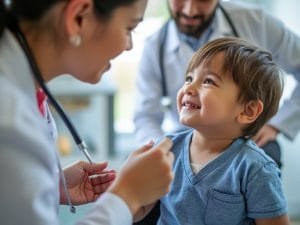 Female pediatrician with stethoscope examines smiling toddler while parent observes nearby.