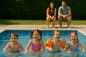 Four young children swimming in pool with two adults supervising from poolside.