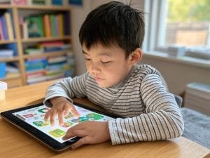 Young child using tablet with educational app in classroom setting with bookshelves.