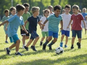 Children playing soccer on a grass field during daytime.