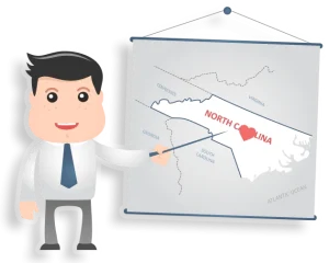 Cartoon businessman pointing to map highlighting North Carolina with red heart.
