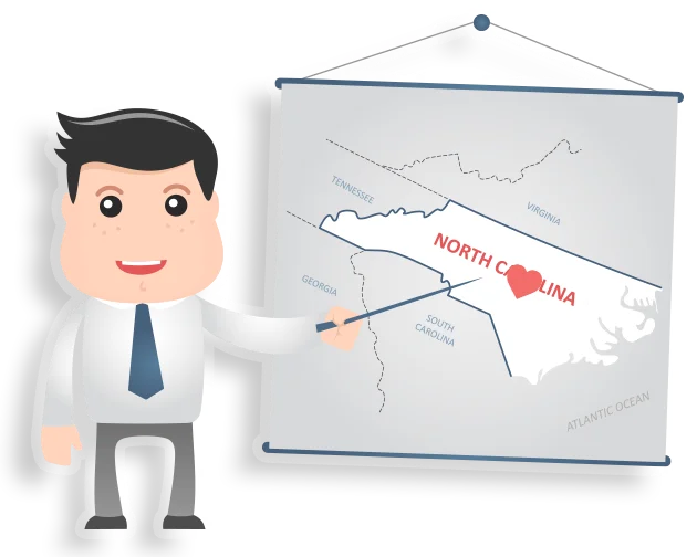 Cartoon businessman pointing to map highlighting North Carolina with red heart.